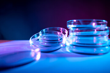 Test tubes flasks and petri dishes, laboratory glassware. Medicine and biological or chemical research,