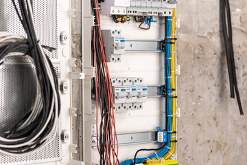 Voltage switchboard with circuit breakers, close up.