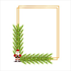 Christmas frame with green leaves on a white background. Xmas frame with a Santa Claus and red berry. Christmas red ball, Xmas frame, green leaves, snowflakes, red berries, Santa Claus, Gifts.