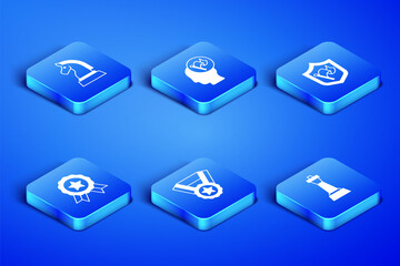 Set Chess, Medal, Hand holding flag and Shield with icon. Vector