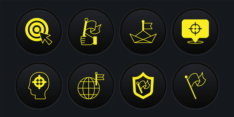 Set Head hunting, Target, Planet with flag, Shield, Folded paper boat, Hand holding, Flag and arrow icon. Vector