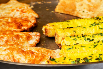 fair. Exhibition, sale baking on shelves. products prepared on a grill. Street festival of food. Concept Picnic, Holiday, Festivities. sale of cooked food