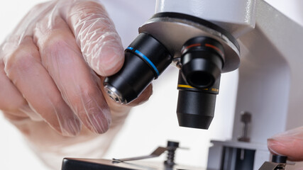 Examination of samples under a microscope, science or training.