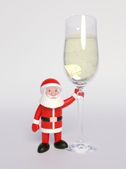 Santa Claus is standing near a large glass of champagne. Bubbles in a wine glass. Idea for the New Year, Christmas banner, greeting card, design element. 3d rendering