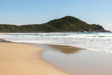 Beach with forest over mountain, sand and waves