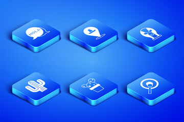 Set Gong, Hola, Cactus or succulent in pot, Mexican sombrero and wrestler icon. Vector © vector_v