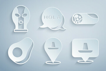 Set Mexican sombrero, Burrito, Avocado fruit, Hola and wrestler icon. Vector © vector_v