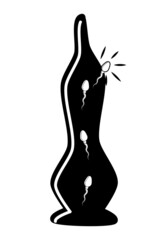Símbolo  de condón o preservativo roto con espermatozoides que se escapan.. Preservativo masculino roto con esperma