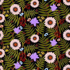 Seamless pattern with different flowers, leaves and berries on a black isolated background. Floral tropical pattern.