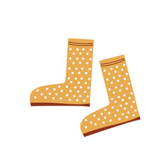 Hand drawn cartoon yellow rubber boots with dots. Cute funny vector illustration isolated on white background.