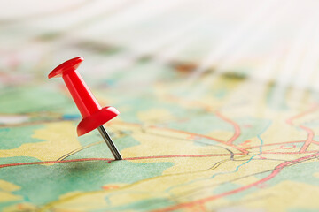 Location marking with pin on map. Travel and journey concept.