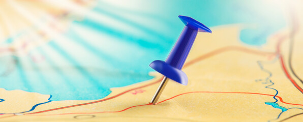 Location marking with pin on map. Travel and journey concept.
