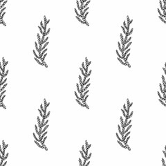 Seamless pattern with black graphic branches with leaves on a white background. For packaging, textiles, advertising, wallpaper