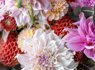 Close-up of a beautiful festive bouquet of multicolored chrysanetas.