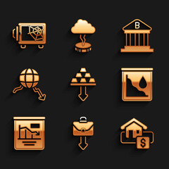 Set Gold bars, Briefcase, Hanging sign with Sale, Drop crude oil price, Pie chart infographic, Global economic crisis, Bank building and Safe icon. Vector