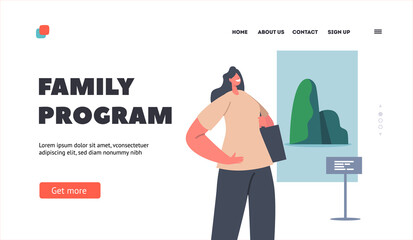 Family Program Landing Page Template. Female Character in Museum with Modern Artworks. Woman in Art Gallery