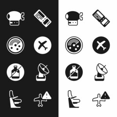 Set Plane, Radar with targets on monitor, Airship, Airline ticket, No alcohol, Warning aircraft and Airplane seat icon. Vector