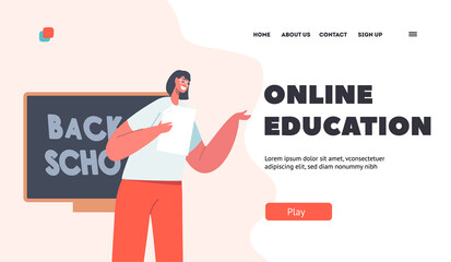 Online Education Landing Page Template. Teacher in Classroom at Blackboard Teach Lesson. Young Professor at University