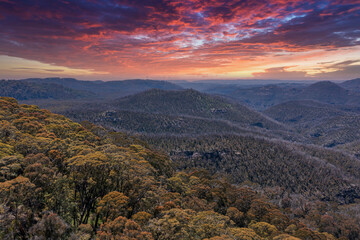 Drone aerial photograph of the Explorers Range in the Blue Mountains in Australia