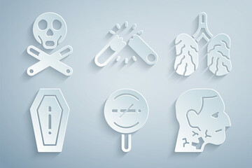 Set No smoking, Disease lungs, Death from, Throat cancer, Broken cigarette and Bones and skull icon. Vector