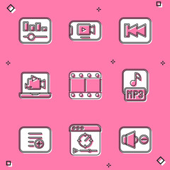 Set Music equalizer, Online play video, Rewind button, Play, MP3 file, Add playlist and icon. Vector