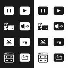 Set Speaker volume, Cinema camera, Pause button, Play, Music or video editing, Add playlist, Repeat track music player and icon. Vector