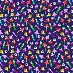 Seamless Halloween pattern. Vector background with different elements. Design for prints, shirts and posters.