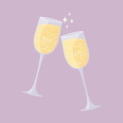 Two glasses of champagne clink. Sparkling wine isolated. Romantic date or holiday celebration. Vector illustration