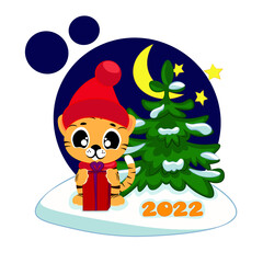 Tiger cub wearing hat with gift and christmas tree