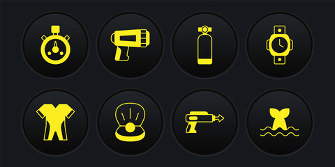 Set Wetsuit for scuba diving, Diving watch, Pearl, Fishing harpoon, Aqualung, Flashlight diver, Whale tail and Stopwatch icon. Vector