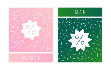 A square advertising post instagram about a discount. A set of two posts. One for women, the other for men. Green and pink background with abstract flat graphics and a percentage symbol