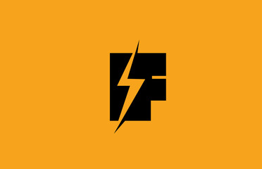 F black yellow alphabet letter logo icon. Electric lightning design for power or energy business