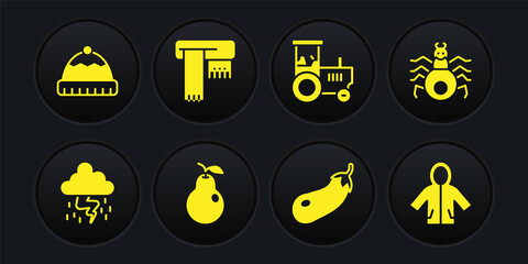 Set Storm, Spider, Pear, Eggplant, Tractor, Winter scarf, Raincoat and hat icon. Vector