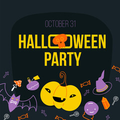 A post template for a social network. An invitation to a Halloween party in 2021. Dark background, bright inscription. Different festive elements are around. Trending flat graphics