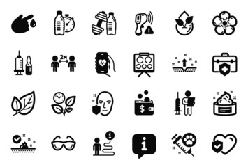 Vector Set of Healthcare icons related to Leaf, Social distancing and Vision board icons. Health app, Organic product and Face protection signs. Leaves, Natural linen and Fitness water. Vector
