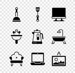 Set Rubber plunger, Spatula, Smart Tv, Sofa, Laptop, Picture, Washbasin and Electric kettle icon. Vector