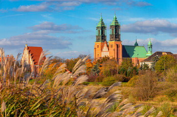 Poznan. Cathedral on Tumskiy Island on a sunny autumn day.