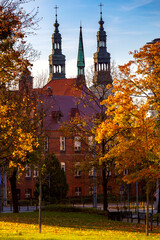 Poznan. Old town street and church bell tower in autumn.