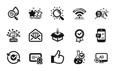 Vector set of Web mail, Tested stamp and Chemistry lab icons simple set. Online voting, Water analysis and Get box icons. Seo adblock, Certificate and Smartphone notification signs. Vector