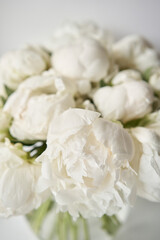 White peonies in a glass vase. Beautiful peony flower for catalog or online store. Floral shop concept . Beautiful fresh cut bouquet. Flowers delivery