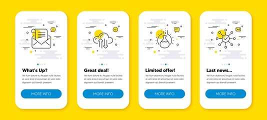 Vector set of Chemistry experiment, Mail newsletter and Cloud sync line icons set. UI phone app screens with line icons. Survey check icon. Laboratory flask, Open e-mail, Synchronize storage. Vector