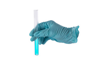 Medical glove with test tube isolated on white background.