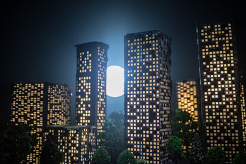 Fototapeta na wymiar Cartoon style city buildings. Realistic city building miniatures with lights. background.