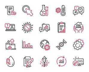 Vector Set of Science icons related to Coronavirus, Update data and Medical prescription icons. Settings gears, Chemistry dna and Thermometer signs. Histogram, Faq and Feather signature. Vector