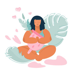 Concept vector with body positive girl on menstrual cup. The menstrual period cycle or PMS is NORMAL