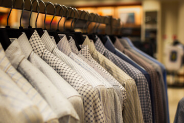 Shirts shopping close-up on hangers. Men's clothing store with a variety of autumn-winter goods to choose from. The range of goods in the boutique. The concept of sales, promotions, Black Friday