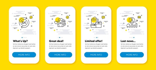Vector set of Woman love, Shopping and Money currency line icons set. UI phone app screens with line icons. Career ladder icon. Romantic people, Holiday packages, Cash change. Manager results. Vector