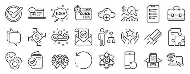 Fototapeta na wymiar Set of Education icons, such as Check investment, Cloud computing, Time management icons. Ranking, Checklist, Chemistry atom signs. Messenger, Quick tips, Algorithm. Payment exchange, Idea. Vector