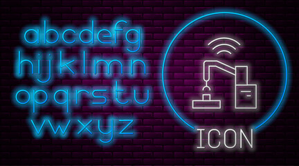 Obraz premium Glowing neon line Industrial machine robotic robot arm hand factory icon isolated on brick wall background. Industrial robot manipulator. Neon light alphabet. Vector