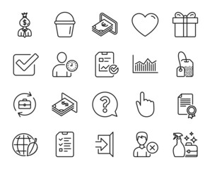Vector set of Report checklist, Bucket and Cleanser spray line icons set. Cash, Exit and Hand click icons. Time management, Tea bag and Money diagram signs. Report checklist web symbol. Vector